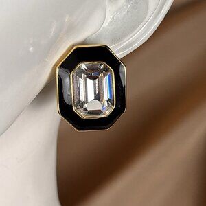 Vintage Goldtone Trifari 6 Sided Rhinestone Black Enamel Stud Pierced Earrings